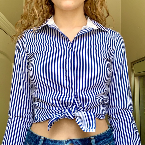 Blue and white stripped button up blouse / top - Picture 2 of 2